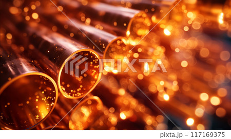 Beryllium copper pipes background, blurred backdrop features more copper tubes and bokeh effects created by reflection of light on surfaces. Industrial concept of copper material 117169375