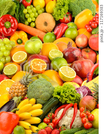 Large background of ripe berries, vegetables and fruits. Food concept. 117169383