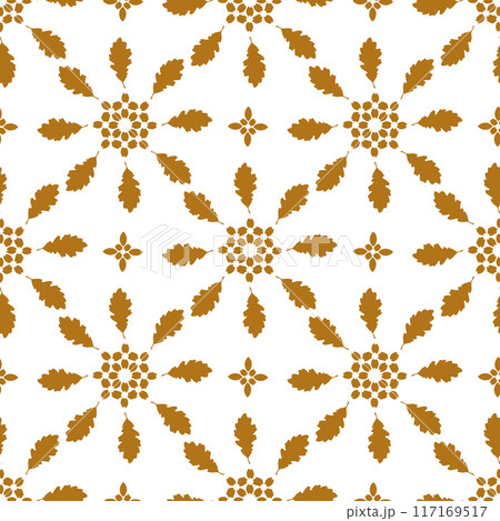 This stylish pattern features golden leaves and vibrant flowers on a white background, perfect for various designs This stylish pattern features golden leaves and vibrant flowers on a white background, perfect for various designs 117169517