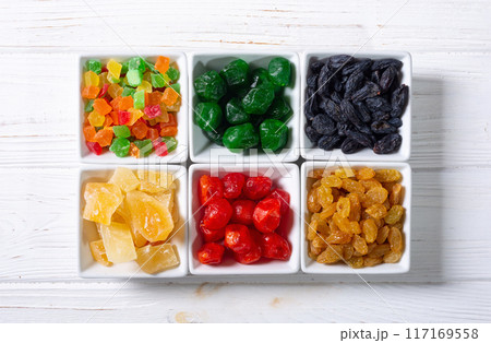 Group of dried and candied fruit in bowl Group of dried and candied fruit in bowl 117169558