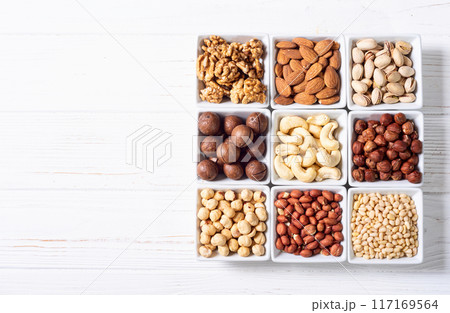 Mix of nuts in bowl . Food background 117169564
