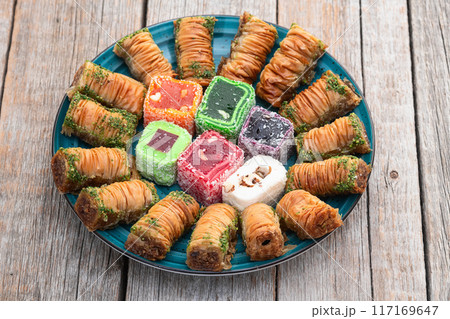 Turkish delight candy with arabic baklava . Rahat lokum photography Turkish delight candy with arabic baklava . Rahat lokum photography 117169647