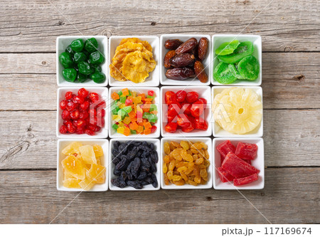 Group of dried and candied fruit in bowl Group of dried and candied fruit in bowl 117169674