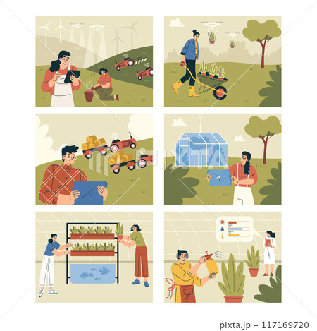 Modern Farming Agriculture Equipment and Technologies with People Character Work Vector Set 117169720