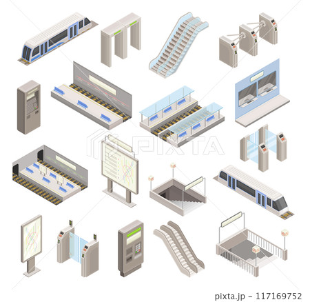 Isometric Metro Station Element Collection with Train, Escalator and Map Vector Set 117169752