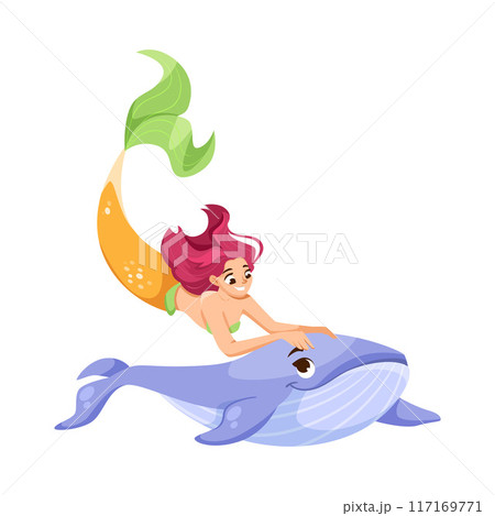 Pretty Mermaid Character with Fish Tail and Female Body with Whale Vector Illustration 117169771
