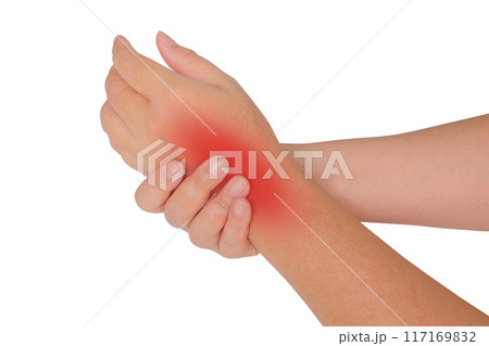 Hand holding painful wrist. Health care concept of arm joint injury. Hand holding painful wrist. Health care concept of arm joint injury. 117169832