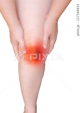 Holding a painful knee injury, area of leg that is inflamed. Holding a painful knee injury, area of leg that is inflamed. 117169835