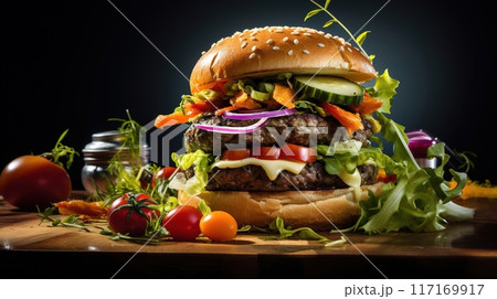 Close-up of home made tasty burgers on wooden table. 117169917