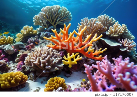 Colorful close-up view of a coral reef. 117170007