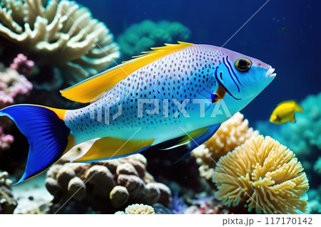 Colorful tropical fish on the background of a coral reef. Colorful tropical fish on the background of a coral reef. 117170142