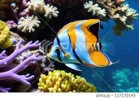 Colorful tropical fish on the background of a coral reef. 117170143