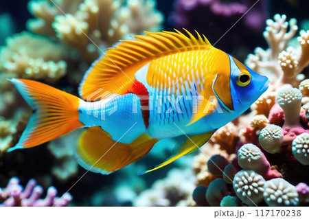 Colorful tropical fish on the background of a coral reef. 117170238