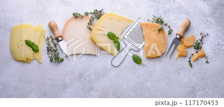 Parmesan, cheddar, gouda and maasdam cheese 117170453