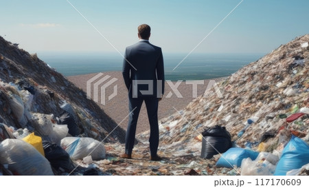 Back view of man in suit standing in landfill Back view of man in suit standing in landfill 117170609