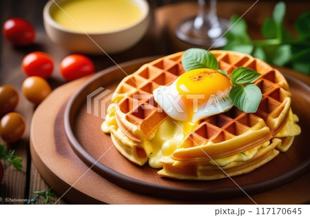 Soft round waffle topped with poached eggs and mint leaves on a plate.. 117170645