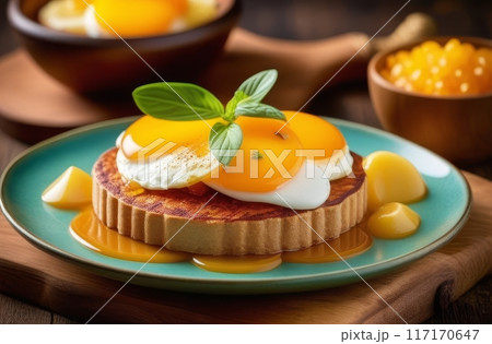 Delicious breakfast of poached eggs on toast garnished with basil leaves. 117170647
