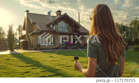 a young woman holding a key and looking at a beautiful, modern house with a lush green lawn 117170725