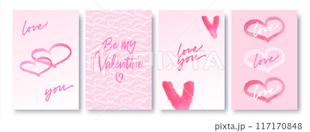 Vector hand drawn Valentine's Day set. Collection of templates with watercolor hearts. Covers, cards set in minimalistic style 117170848