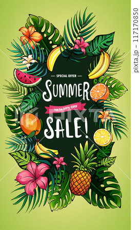 Summer sale banner, vector discount poster template, hand drawn background with tropical fruits, leaves and flowers. Special offer, up to 50% off 117170850