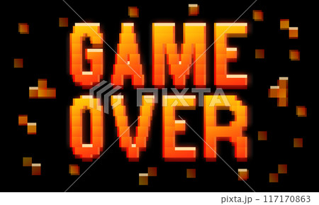 Vector game over pixelated sign, yellow orange gradient, glitch effect, 8 bit retro game style banner 117170863
