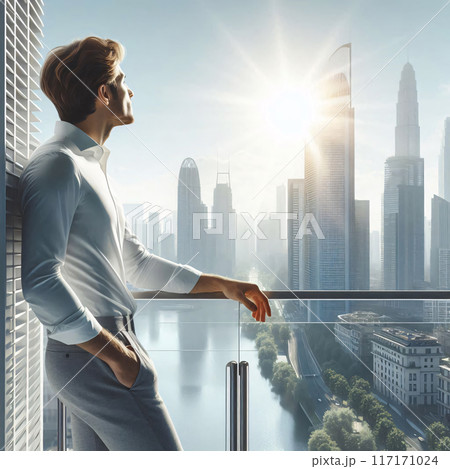 A businessman gazes at a futuristic cityscape from a high-rise balcony, overlooking skyscrapers and a river in the morning sunlight 117171024
