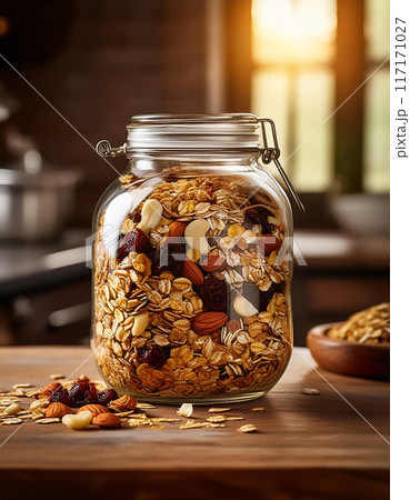 A large glass jar filled with homemade muesli sits on a wooden table, bathed in warm sunlight streaming through a window A large glass jar filled with homemade muesli sits on a wooden table, bathed in warm sunlight streaming through a window 117171027