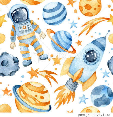 watercolor seamless pattern with space rocket, planets and astronaut. cute drawing for children, cartoon 117171038