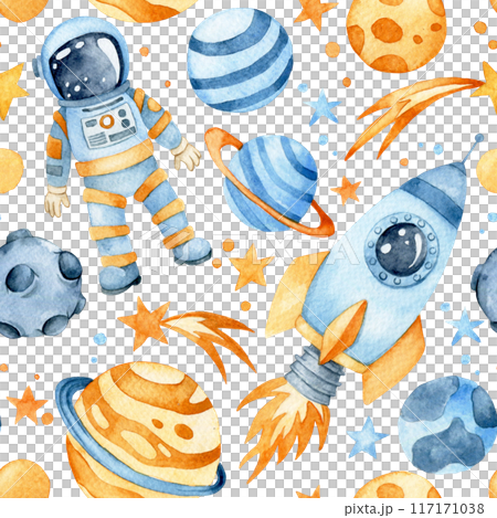 watercolor seamless pattern with space rocket, planets and astronaut. cute drawing for children, cartoon 117171038