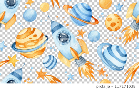 watercolor seamless pattern with space rocket, planets and astronaut. cute drawing for children, cartoon 117171039