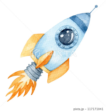 watercolor drawing, rocket. cute cartoon illustration for children. travel to space 117171041