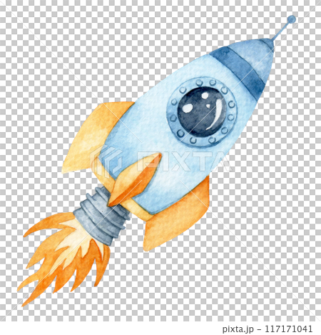 watercolor drawing, rocket. cute cartoon illustration for children. travel to space 117171041
