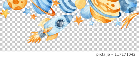 watercolor seamless border with space rocket, planets and astronaut. cute drawing for children, cartoon. 117171042