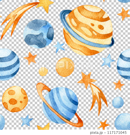 watercolor seamless pattern with space rocket, planets and astronaut. cute drawing for children, cartoon. 117171045