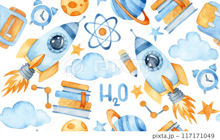 watercolor seamless pattern, back to school. cute print on the theme of education, school and space 117171049