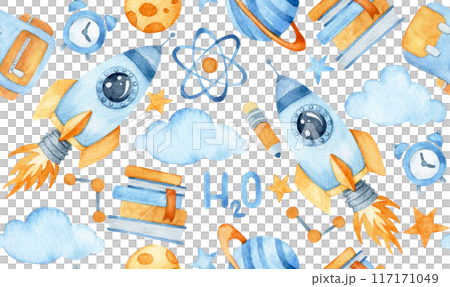 watercolor seamless pattern, back to school. cute print on the theme of education, school and space 117171049