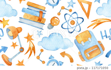 watercolor seamless pattern, back to school. cute print on the theme of education, school and space watercolor seamless pattern, back to school. cute print on the theme of education, school and space 117171050