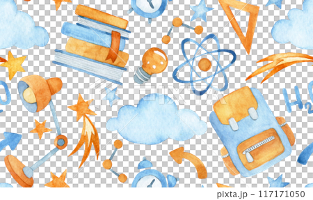watercolor seamless pattern, back to school. cute print on the theme of education, school and space watercolor seamless pattern, back to school. cute print on the theme of education, school and space 117171050