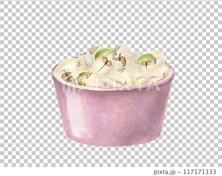 Lotus Seed heap in ceramic pink bowl. White peeled and green unpeeled nuts. Pile of raw tasty vegan food. Watercolor illustration. For kitchen inspired designs, cooking blogs, menu Lotus Seed heap in ceramic pink bowl. White peeled and green unpeeled nuts. Pile of raw tasty vegan food. Watercolor illustration. For kitchen inspired designs, cooking blogs, menu 117171133