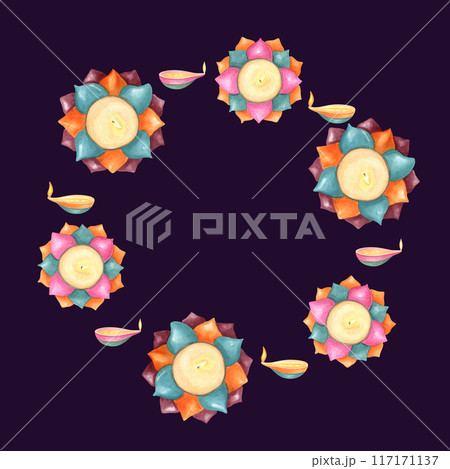 Traditional Diwali Diya. Holiday wreath. Candle in shape of Water lily flower. Festival of lights. Watercolor illustration isolated on black background. Copy space for text. For greeting card design Traditional Diwali Diya. Holiday wreath. Candle in shape of Water lily flower. Festival of lights. Watercolor illustration isolated on black background. Copy space for text. For greeting card design 117171137