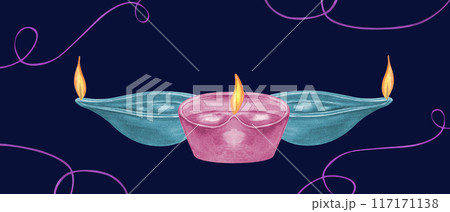 Three Diya Lamps with dancing flames. Turquoise and pink oil candles for Diwali. Watercolor illustration on dark blue background. Composition framed by graceful thin ribbons. For poster, advertising. 117171138