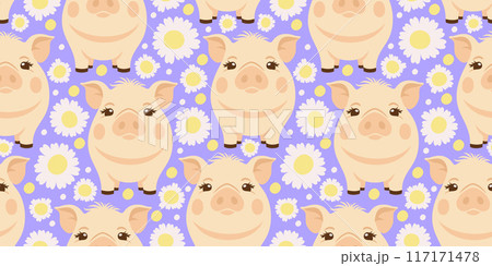 Vector seamless pattern with piglets and camomiles on lilac background 117171478