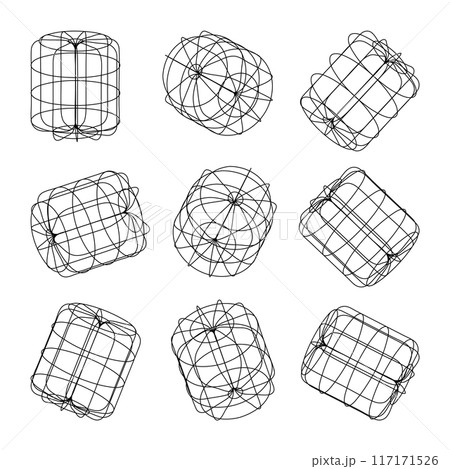 Wireframe lined shapes. Perspective mesh, 3d grid. Low poly geometric elements. Retro futuristic design elements, y2k, vaporwave and synthwave style. Vector illustration Wireframe lined shapes. Perspective mesh, 3d grid. Low poly geometric elements. Retro futuristic design elements, y2k, vaporwave and synthwave style. Vector illustration 117171526