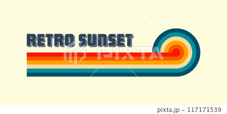 Horizontal vintage sunset. Various colorful striped sunrise badges in 80s and 90s style. Sun and ocean view, summer vibes, surfing. Design element, print, logo or t-shirt. Vector illustration Horizontal vintage sunset. Various colorful striped sunrise badges in 80s and 90s style. Sun and ocean view, summer vibes, surfing. Design element, print, logo or t-shirt. Vector illustration 117171539