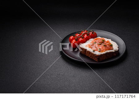 Sandwich or bruschetta with toast, salmon, cream cheese Sandwich or bruschetta with toast, salmon, cream cheese 117171764