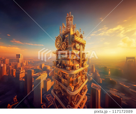 歯車や機械からできた高層ビルを俯瞰したイラスト 117172089