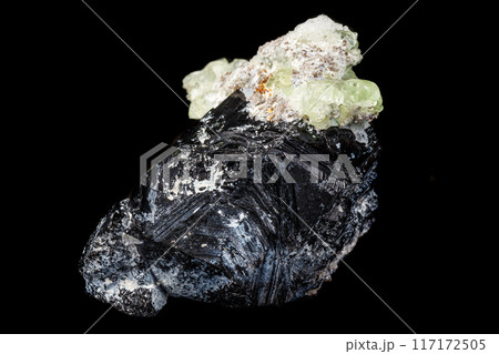 Macro stone Hyalite mineral, tourmaline Sherl, smoky quartz on a black background 117172505