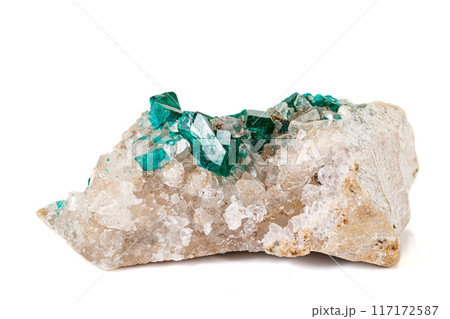 Macro mineral stone Dioptase silicate copper on a white background 117172587