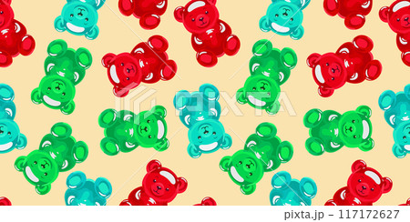 Vector seamless pattern with colorful gummy bears on light beige background 117172627