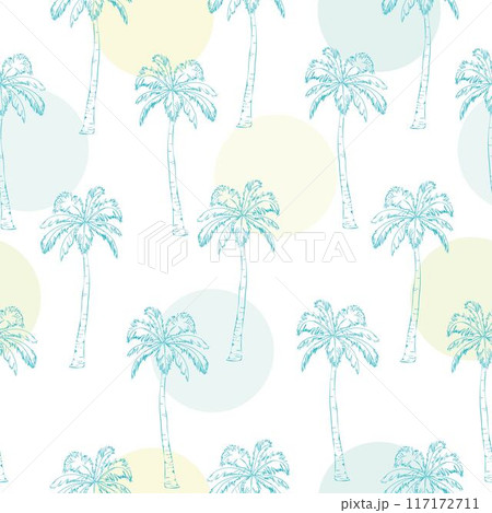 Green palm leaves on the pink background. Vector seamless pattern. Tropical illustration. Jungle foliage. Green palm leaves on the pink background. Vector seamless pattern. Tropical illustration. Jungle foliage. 117172711